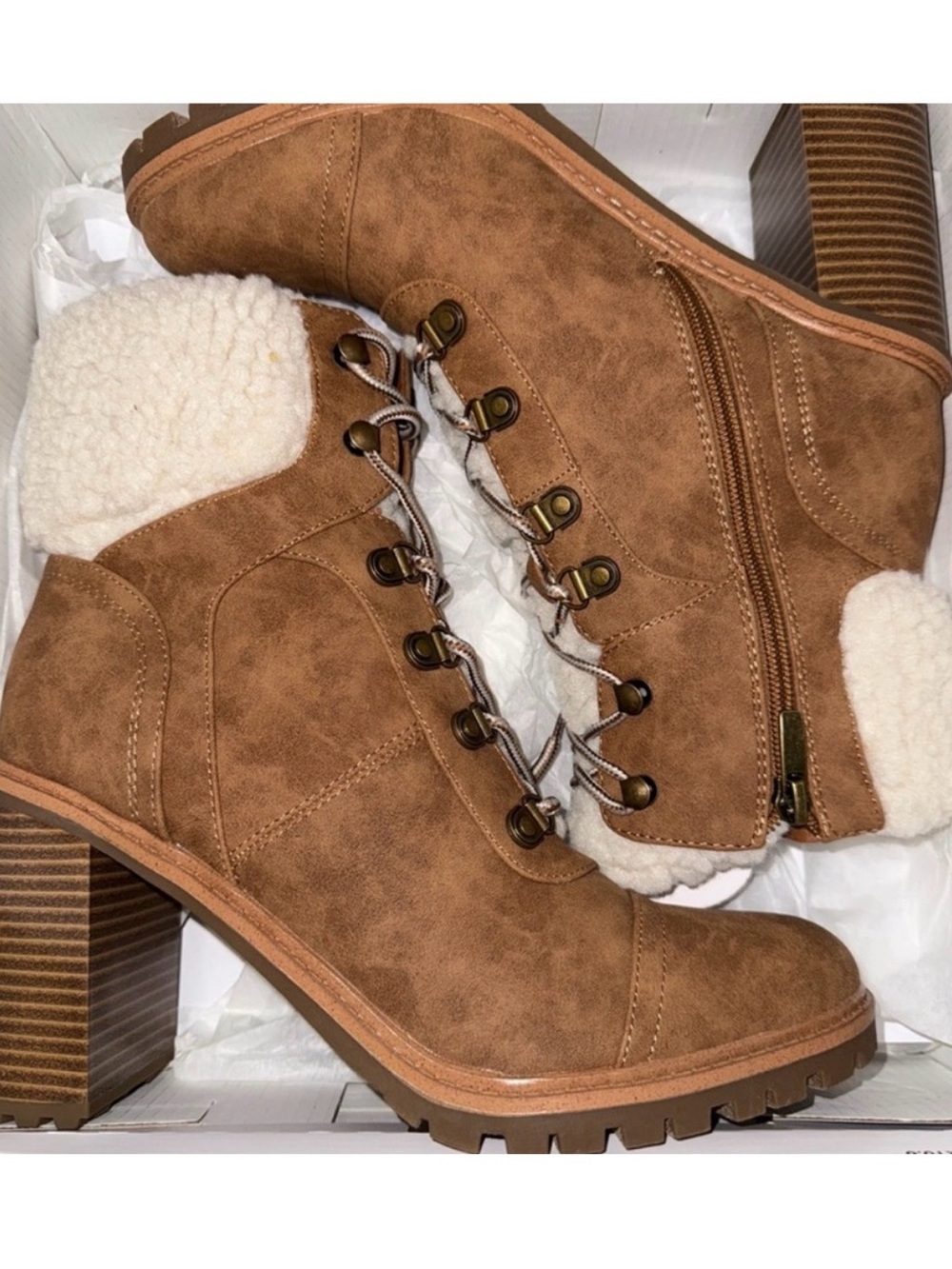 Nine West Brown Lace-Up Faux Suede Sherpa Boots - Picture 7 of 9